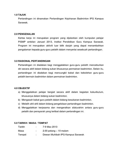 Kertas Kerja Pertandingan Badminton Belia Kertas Kerja Kejohanan