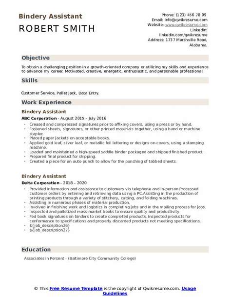 Bindery Assistant Resume Samples | QwikResume