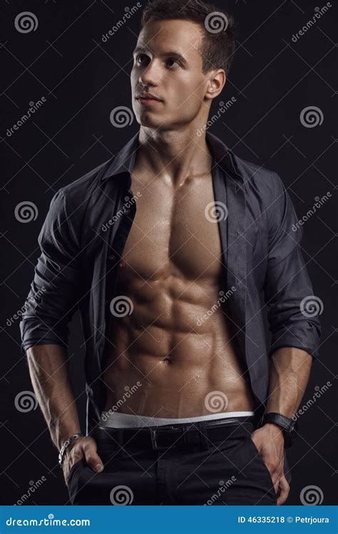 Strong Athletic Man Fitness Model Torso Showing Six Pack Abs Stock