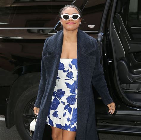 Ariana Debose In A Blue And White Rose Dress White Michael Kors