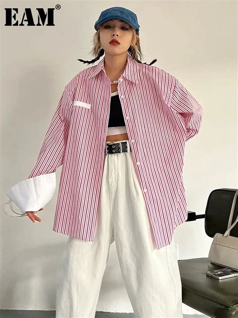 Eam Women Red Striped Big Size Casual Blouse New Lapel Long Sleeve