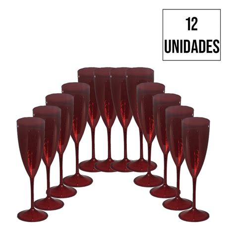 Taça de Champanhe Acrílico Prime Translúcido Vermelho 170mL 12 Unidades