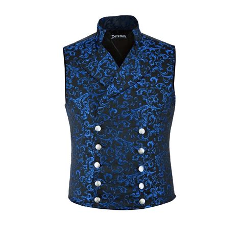 Men S Steampunk Double Breasted Waistcoat Blue Vest Gothic Western