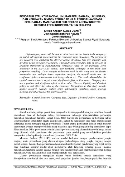 Pdf Pengaruh Struktur Modal Ukuran Perusahaan Likuiditas Dan Kebijakan Dividen Terhadap