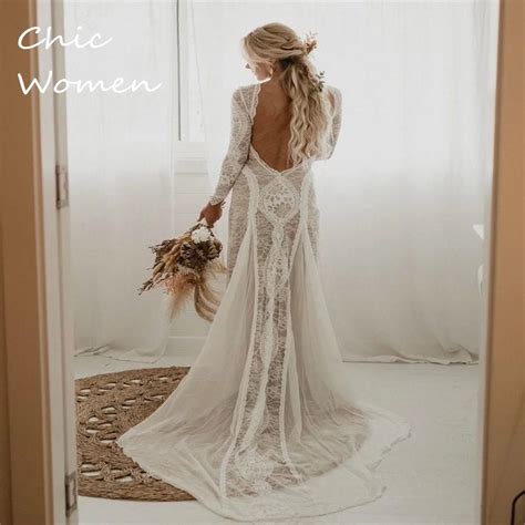 Long Sleeve Lace Boho Wedding Dress For Civil Bride 2023 Sexy Backless