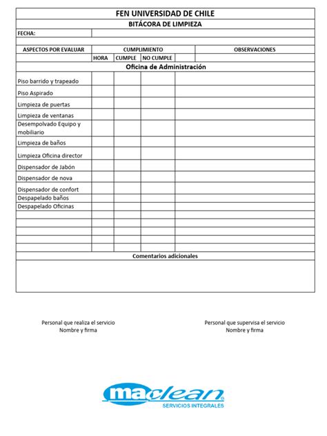 Formato De Bitacora De Limpieza Pdf