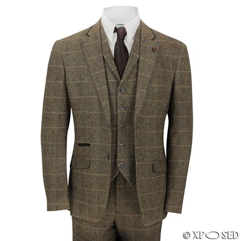 New Mens 3 Piece Tweed Suit Vintage Tan Brown Herringbone Check Retro