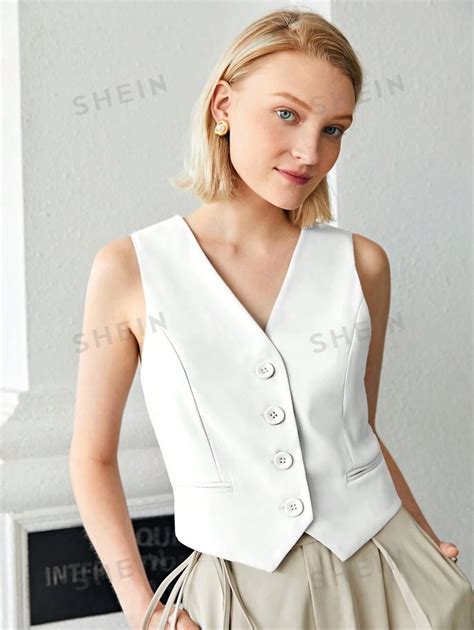 Shein Bizwear Colete Branco S Lido Sem Manga Decote Em V E O