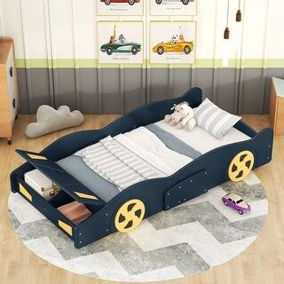 Dark Blue Twin Size Race Car-Shaped Platform Bed with Wheels and ...