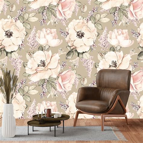 Pink Beige Watercolor Floral Wallpaper Traditional Non Woven Etsy