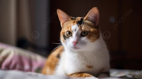 An Orange And White Cat Lying On A Bed Background Calico Cat Sitting