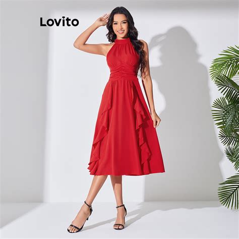 Lovito Casual Vestido Feminino Simples Franzido Babado LBL07181