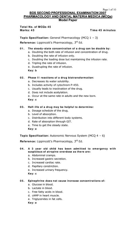 Pharmacology Multiple Choice Questions And Answers BDS SECOND