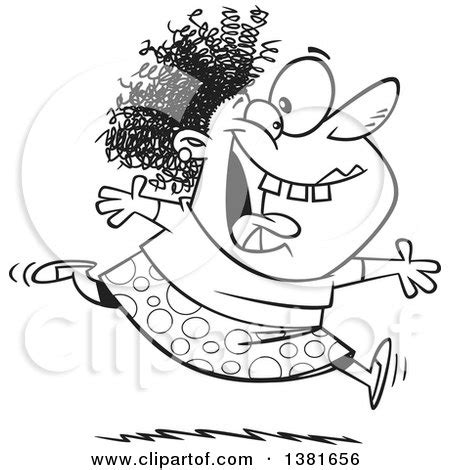 Clipart of a Cartoon Black and White Crazy Woman Running and Leaping on ...