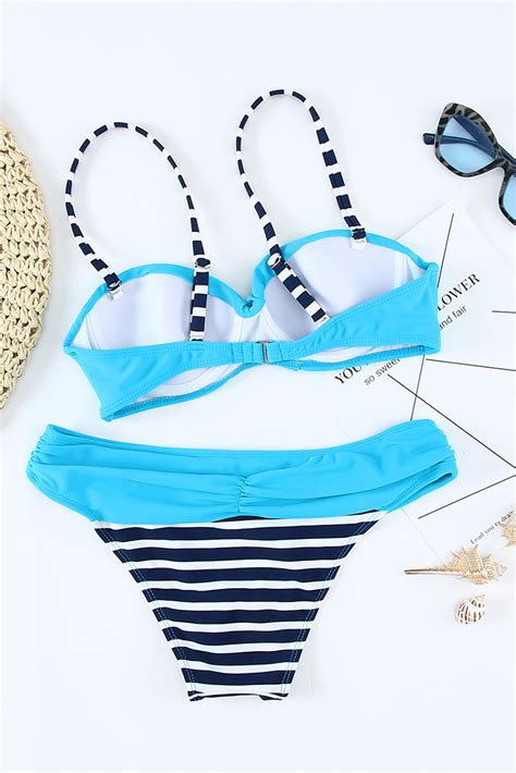 5 98 Striped Blue Padded Gather Push Up Bikini Set Wholesale