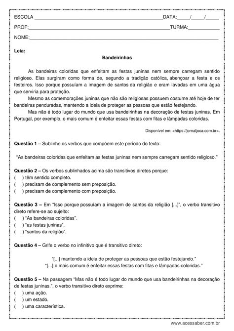 Atividade de português Verbos transitivos diretos 9º ano Acessaber