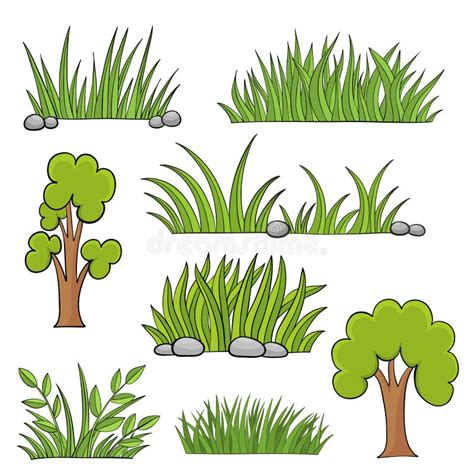 Set Of Green Grass And Tree Hand Drawn For Design Cartoon Style Stock Vector Illustration Of