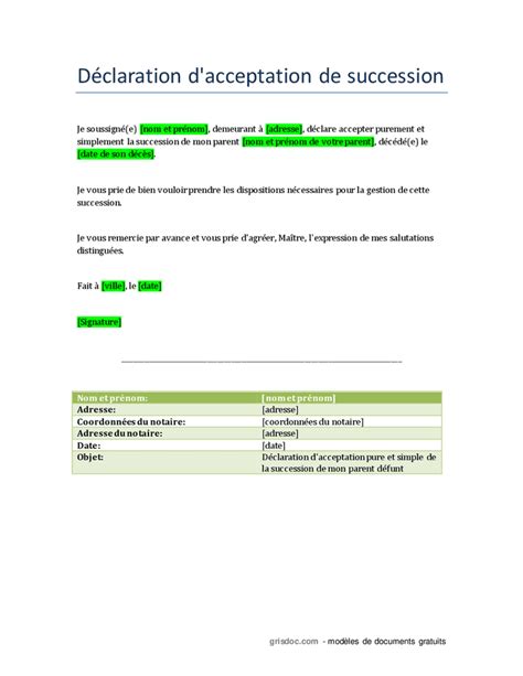 Déclaration d acceptation de succession DOC PDF page 1 sur 1