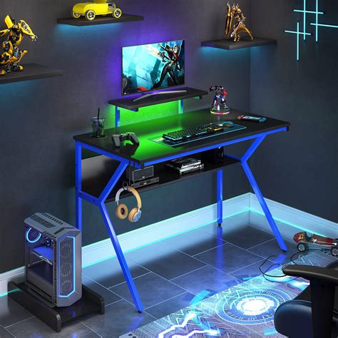 Buy Bestier K Shaped Gaming Desk With Led Light Cpu Stand Carbon