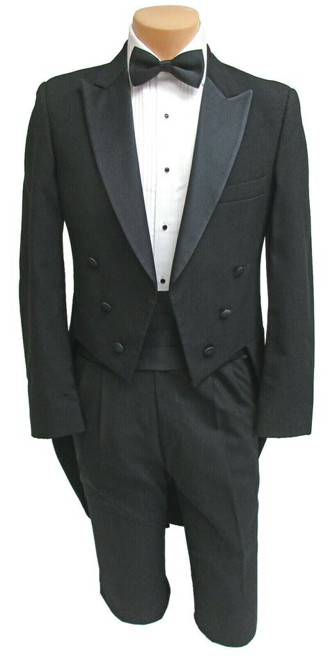 Mens Black Tuxedo Tailcoat Satin Peak Lapels Wedding Gem