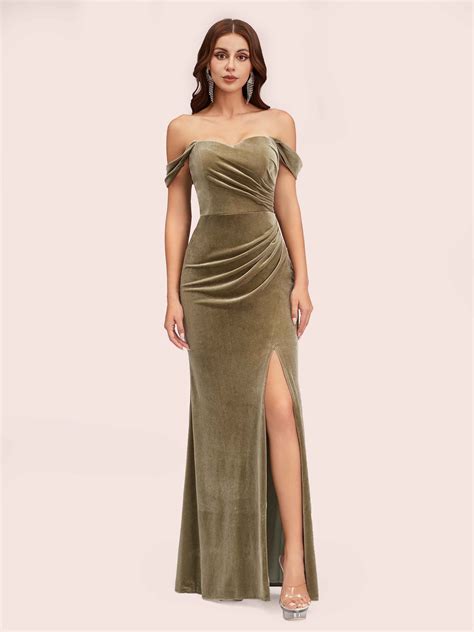 Sexy Velvet Off Shoulder Side Slit Mermaid Long Bridesmaid Dresses