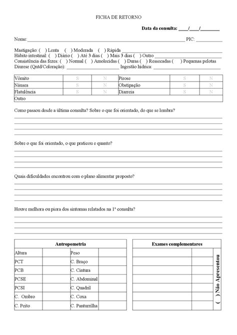 Modelo De Ficha De Retorno Nutricional Manuais Projetos Pesquisas