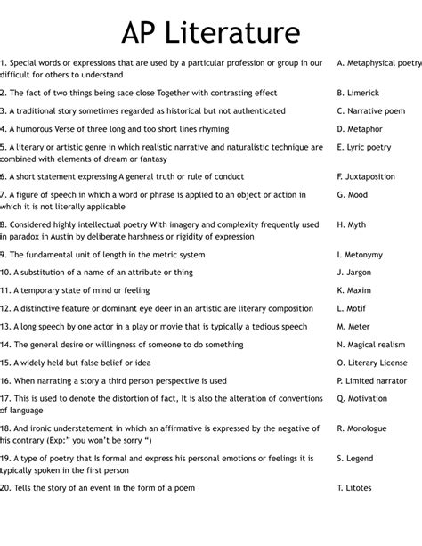 AP Literature Worksheet WordMint