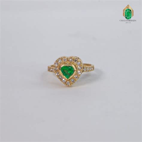 Anillo Oro Amarillo Esmeralda Corazon Y Diamantes Joyería Casa la