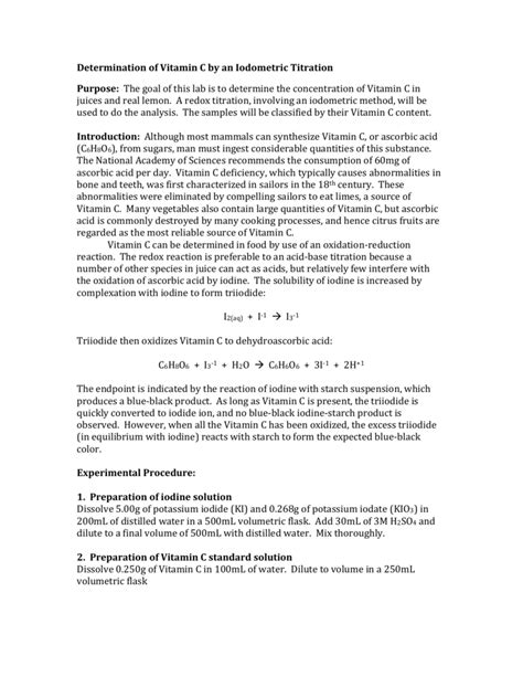 Determination Of Vitamin C By Redox Titration With Iodate