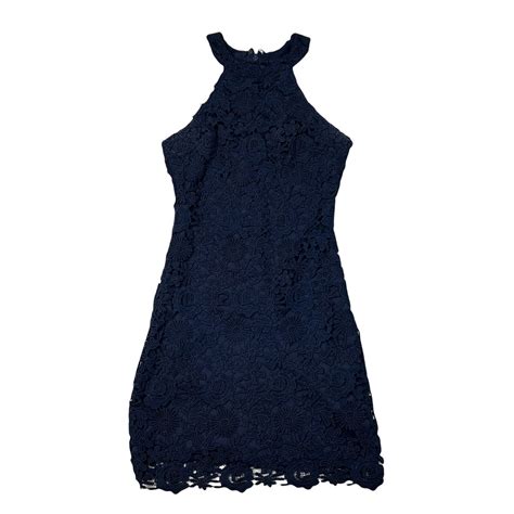 Lulus Love Poem Lace Mini Dress Crochet Navy Blue Wo Gem