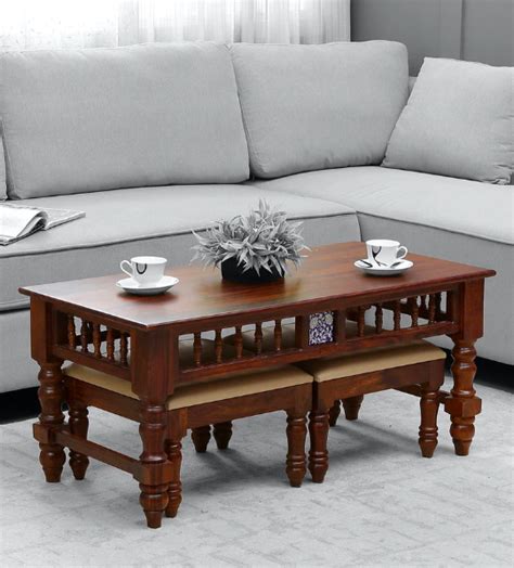 Mayur Solid Wood Coffee Table Set In Honey Oak Finish Haroth