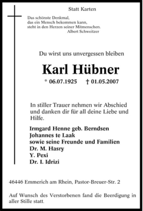 Traueranzeigen Von Karl H Bner Trauer In Nrw De