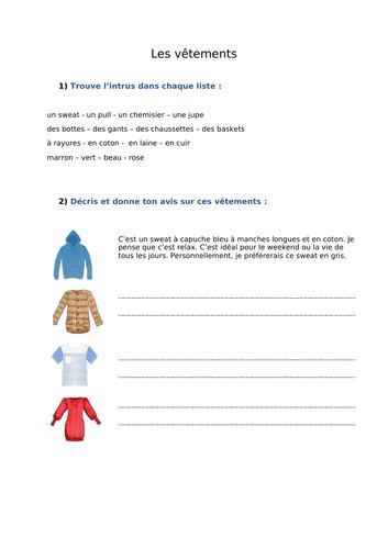 Les Vêtements Clothes Worksheet Writing Teaching Resources