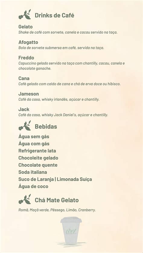 Menu at Voël Cafeteria de Herança Itajaí