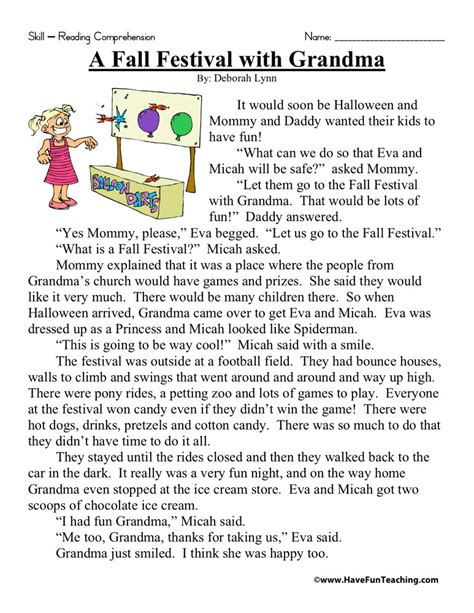 Reading Comprehension Worksheet A Fall Festival With Grandma