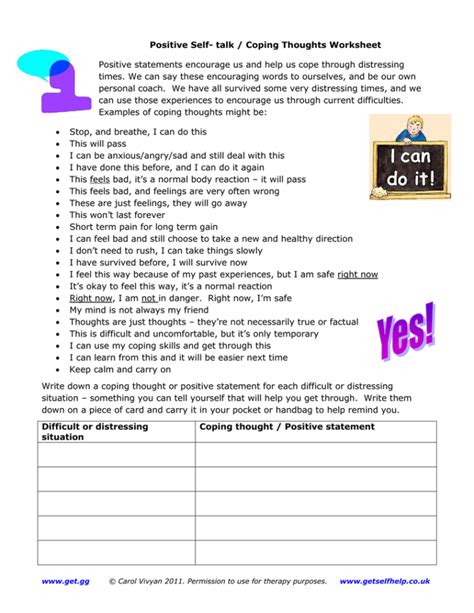 Printable Positive Self Talk Worksheet