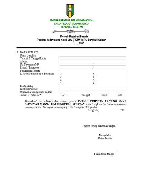 Formulir Registrasi Peserta Pktm 1 Pdf