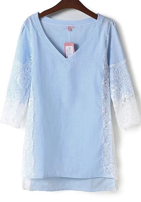 Blue V Neck Contrast Lace Dipped Hem Top Shein Sheinside