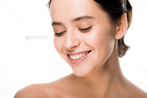 Cheerful Naked Brunette Woman Smiling Isolated On White Stock Photo By