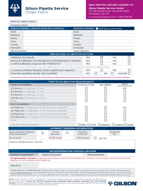 Fillable Online Gilson Pipette Service Order Form Fax Email Print