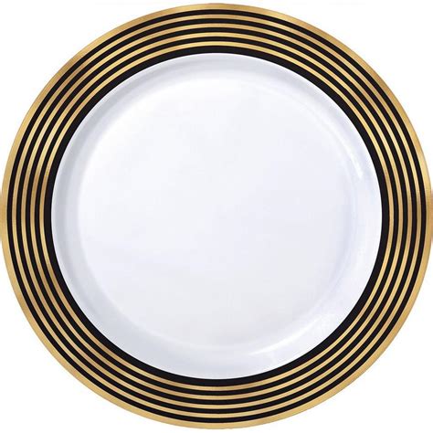 White With Black And Gold Striped Rim Premium Plastic Dinner Plates 10