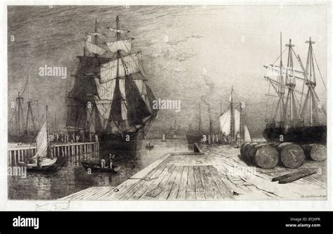 Return Of The Whaler Etching With Ships And Dock Circa Late 1800s