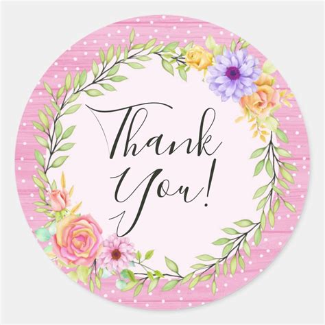 Thank You Whimsical Floral Roses Rustic Pink Wood Classic Round Sticker