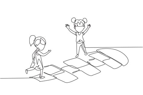 Single one line drawing two little girl playing hopscotch at ...