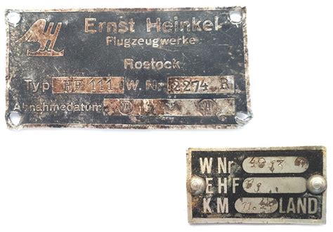 Ernst Heinkel Flugzeugwerke Plate Heinkel He 111 For Sale