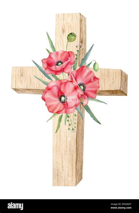 Wooden Cross With Red Poppy Flower Watercolor Design Element For Remembrance Day Anzac Day