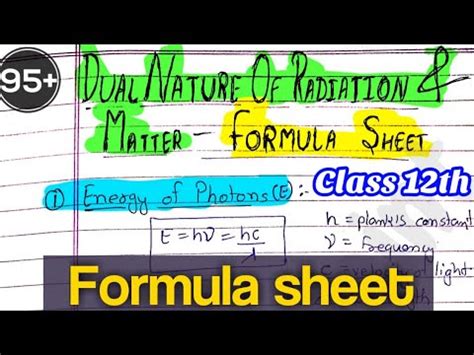 Formula Sheet Dual Nature Of Radiation And Matter Class Th