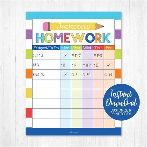 Homework Organizer Homeschool Daily Routine Chart 85x11 Template A4