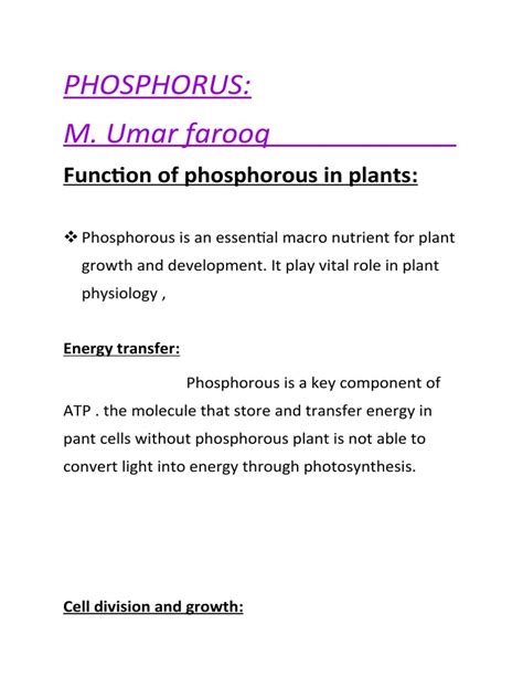 Function of Phosphorous in Plants | PDF