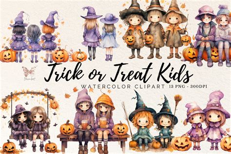 Trick Or Treat Kids Watercolor Cliparts Graphic By Blossomclipart